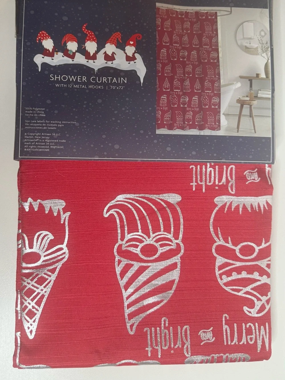 Shower Curtain Red Gnome Holiday Decor with 12 Metal Hooks by Artisan 31